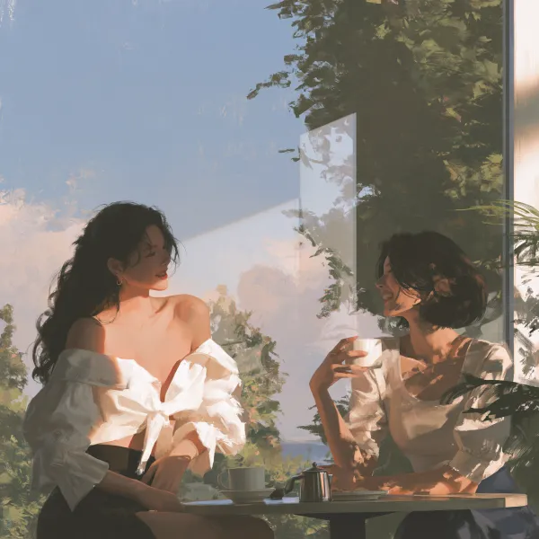 Oil Painting of Two Korean Women Chatting Happi…