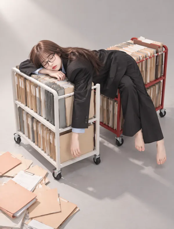 Office Worker in Oversized Black Suit Asleep Ac…