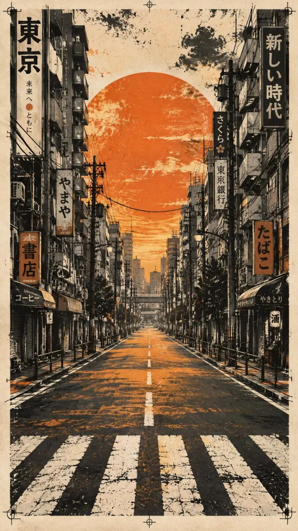 Center View of a Japanese Urban Boulevard with…