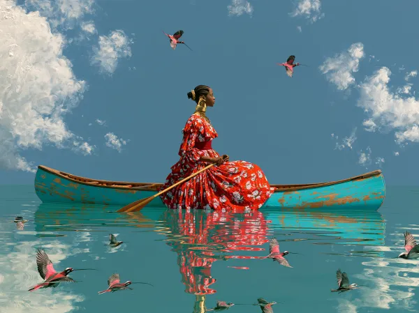 Person Floating by a Canoe, Pixel Robot Reflect…