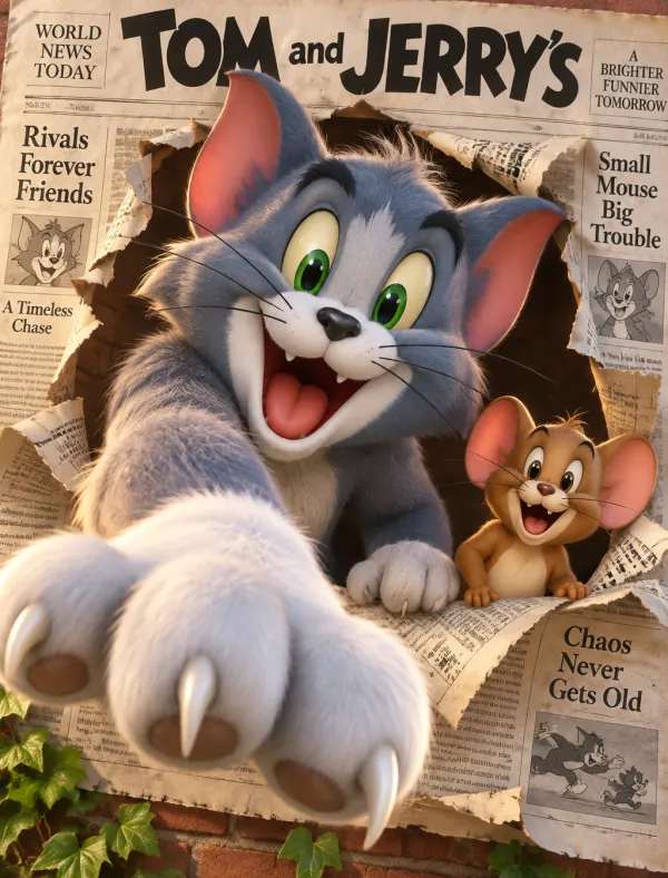 破れた新聞紙から飛び出すクラシックなキャラクターの3D表現