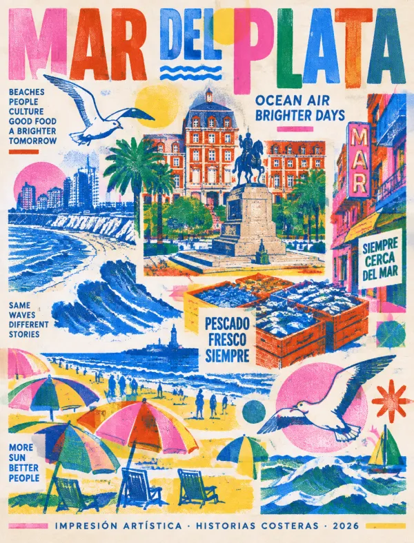 マル・デル・プラタを描く、モダンなリソグラフ風旅行ポスター