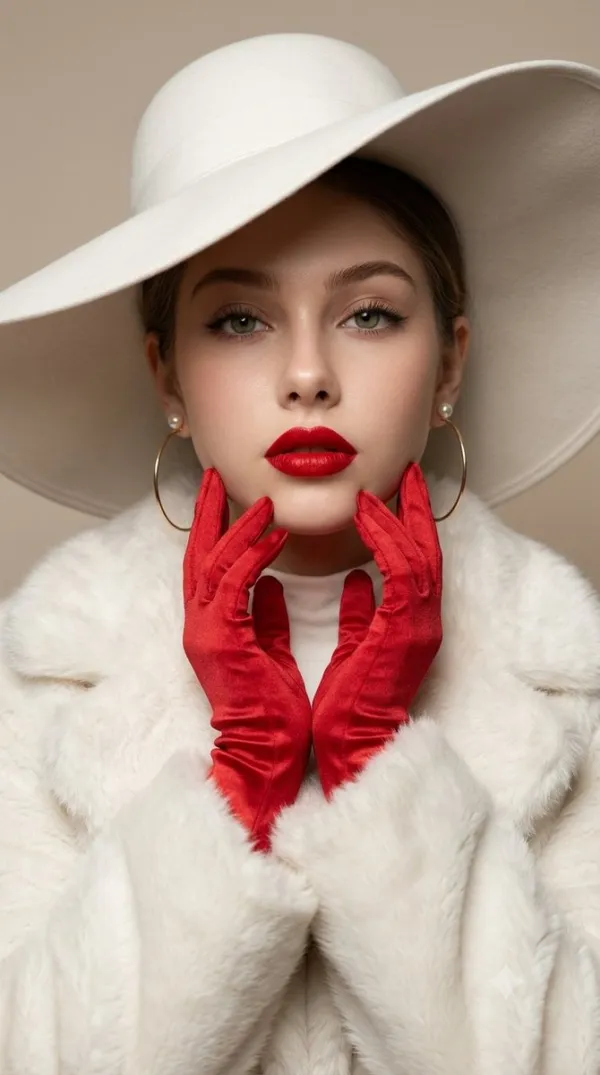 Light Green Eyes and Bold Red Lips Under a Wide…