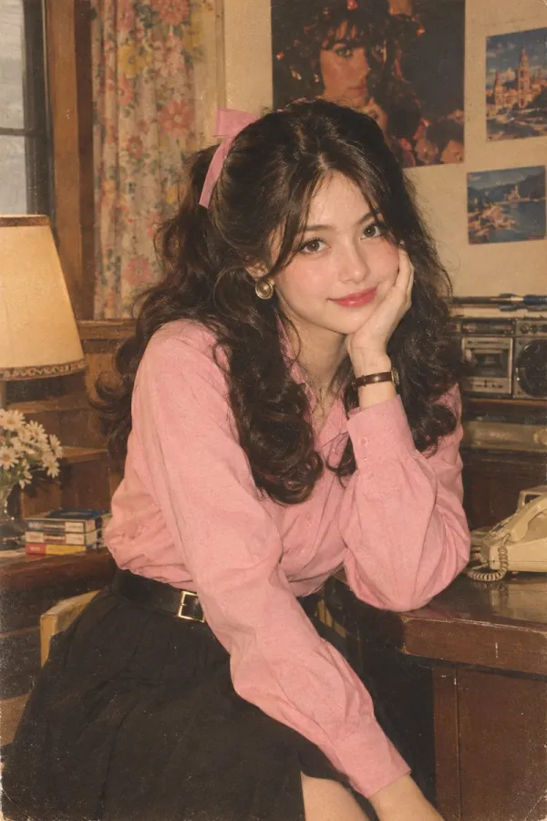 1980s Retro Indian Fashion Portrait: Pink Shirt…