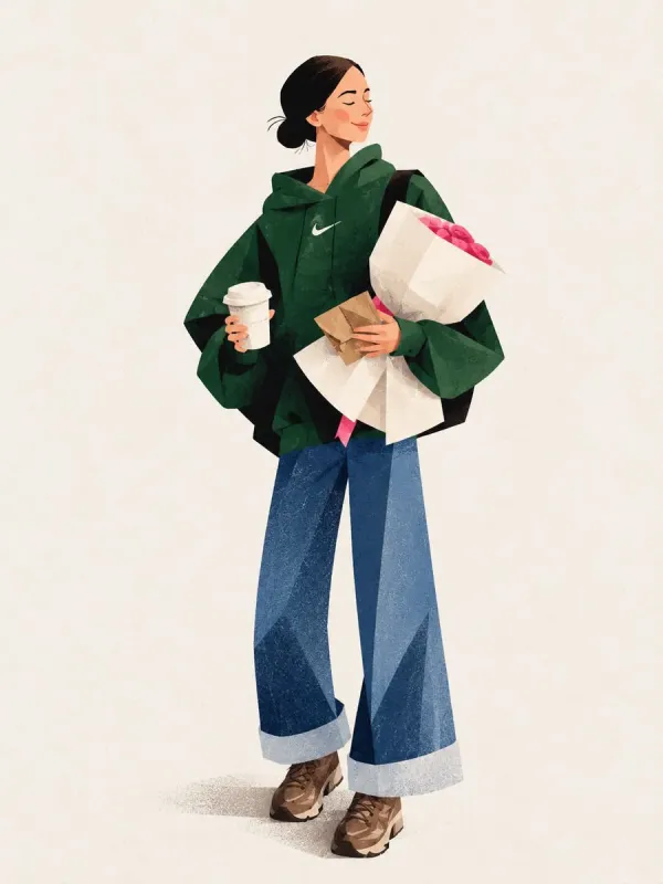 Full-Body Geometric Fashion Illustration in Forest Green Hoodie and Wide-Leg Jeans