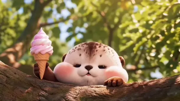 Adorable Chubby Baby Otter Character in a Sunlit Forest