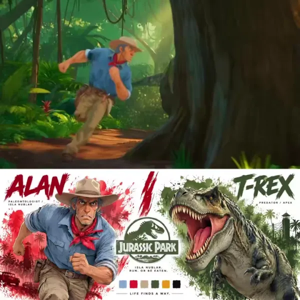Premium Cinematic Character Bible Sheet for ALAN & T-REX