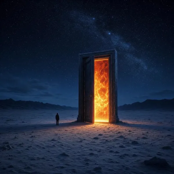 Lone Man Faces a Giant Glowing Door Under a Starry Sky