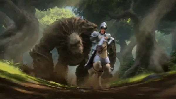 笨拙年轻骑士骑小马穿越魔法森林，被树根石头巨魔追赶