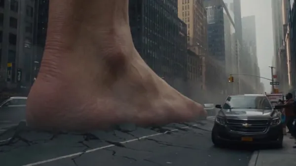Ultra-Photorealistic Cinematic Giant Walking Among Manhattan Skyscrapers