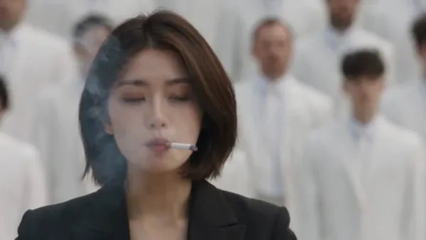 Cinematic Fashion and Music Video of a Short-Haired Woman in Black Turtleneck