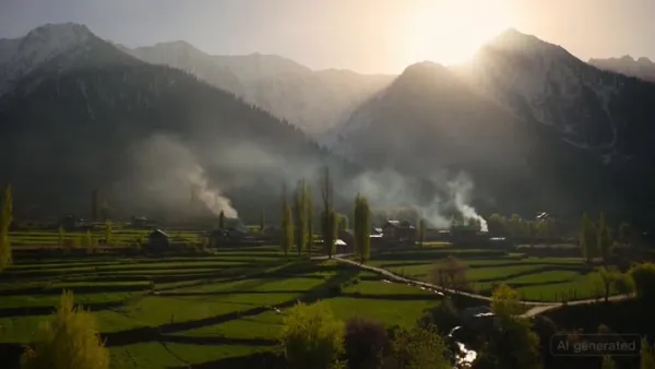 1980s Kashmir Valley Sunrise: Young Man Walking to the Bazaar