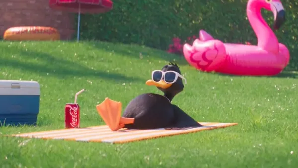 Bright Sunny Resort Poolside: Charcoal Duck in Sunglasses on Striped Towel