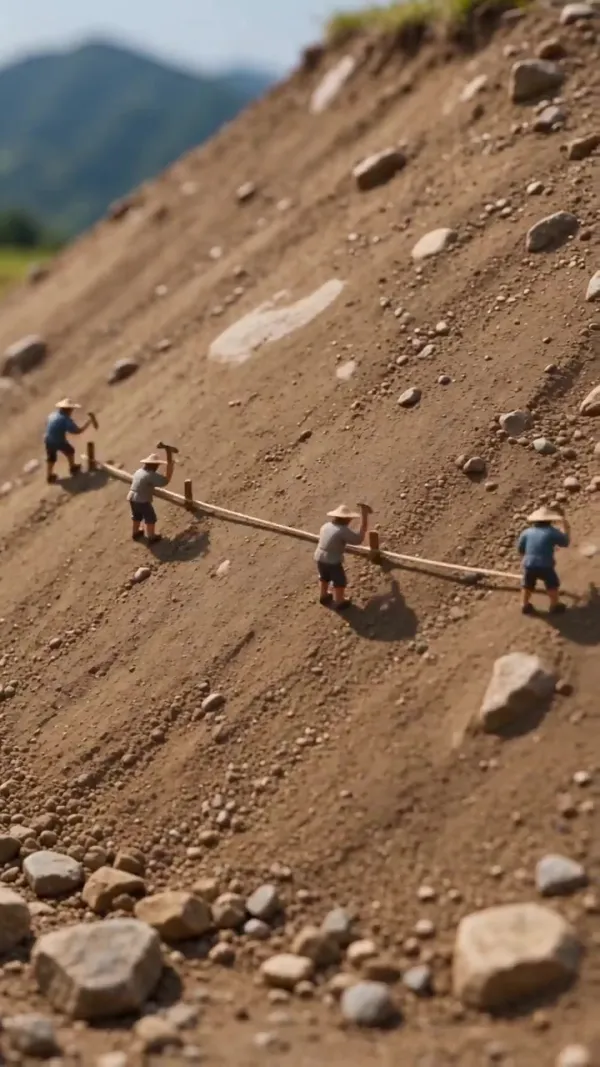 Miniature Farmers Rapidly Transform Barren Slope into Rice Terraces