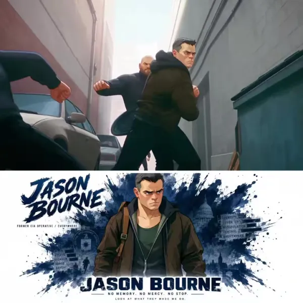 JASON BOURNE. Use — Premium cinematic character bible sheet for JASON BOURNE