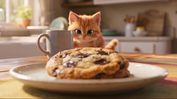 毛茸茸小猫厨房偷巧克力饼干的三维动画短片