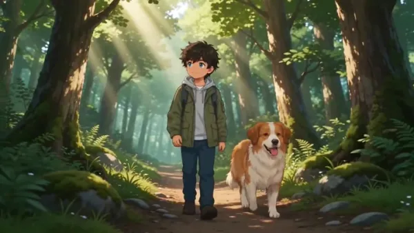 少年と忠実な茶色い犬の温かいアニメ冒険物語