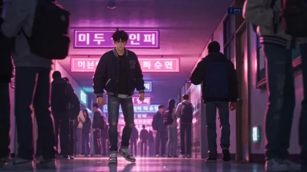 한국 대학 캠퍼스 야경 액션 애니메이션 장면