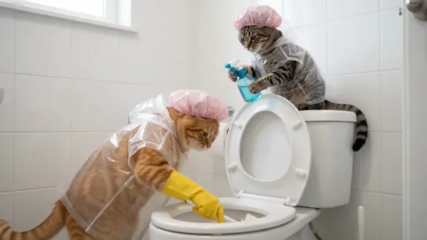 两只猫咪穿塑料雨衣和浴帽打扫浴室，橘猫用马桶刷教训虎斑猫