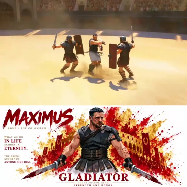 MAXIMUS 罗马斗兽场角色设定图：深金与深红水彩泼溅