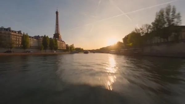 Aerial Paris at Golden Hour: Flying Along the Seine to the Eiffel Tower