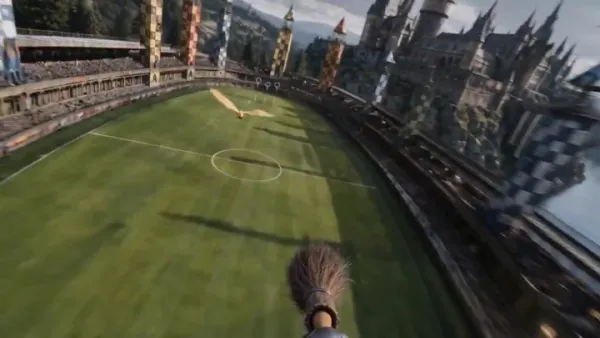 First-Person Magical Flight: Wizard on Broomstick Over Castle & Stadium