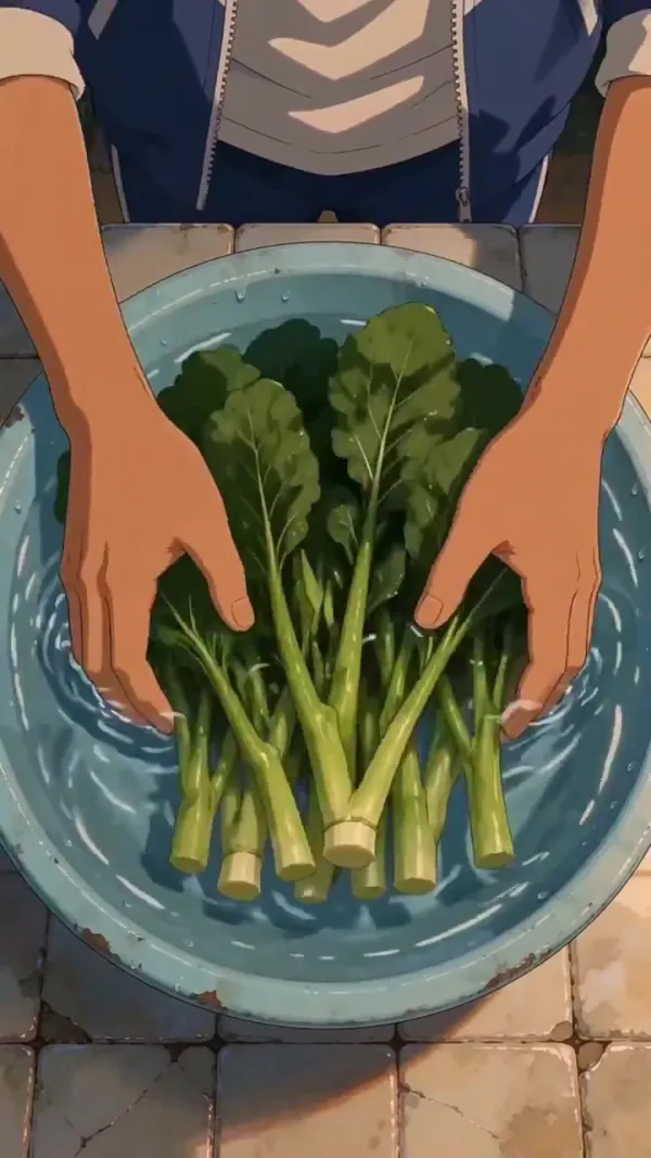 A Cinematic Look at Stir-Frying Leafy Greens in a Warm Rustic Kitchen