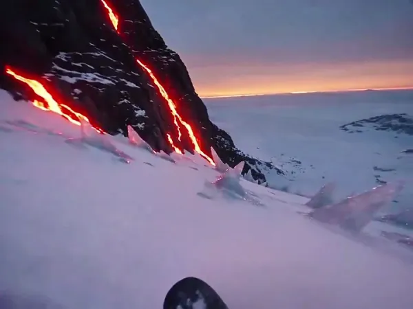 First-Person Snowboard Descent: Lava Cracks, Mushroom Cloud, Wormhole