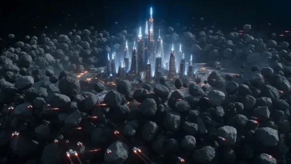 Futuristic City Traveling Through a Deep Space Asteroid Storm
