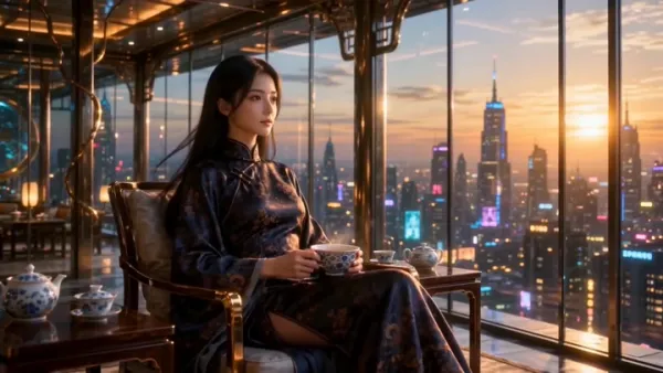 金色黄昏茶室：旗袍女子与蓝色能量凤凰