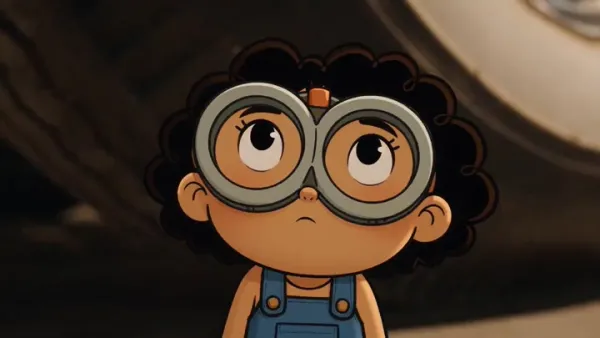 手描き2Dの女の子がリアルなアメリカンガレージで巨大ヴィンテージカーを修理