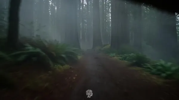 巨型哑光黑装甲拉力卡车穿越古老红杉林火海
