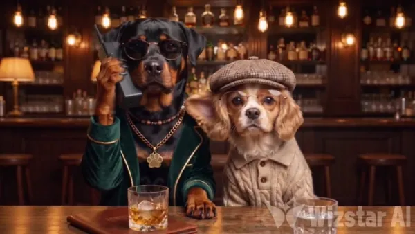 A Rottweiler in a Dark Green Velvet Suit in a Vintage Bar