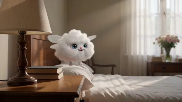A Fluffy Miniature Cloud Creature Drifts Above a Wooden Bedside Table