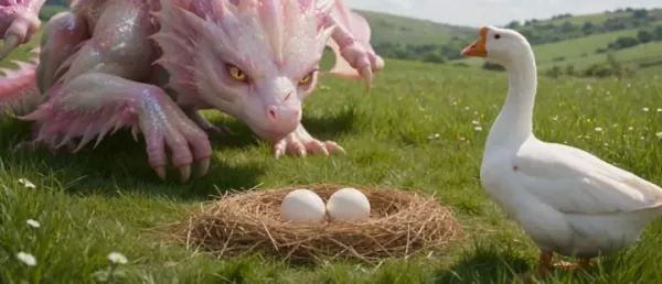 Sunlit Meadow, Stone Cottage and a Nest with Two White Eggs